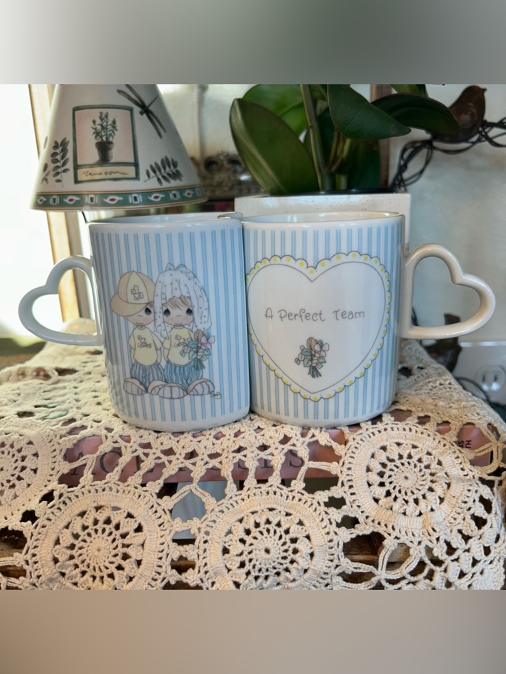 80s Precious Moments “A Perfect Team” Blue Striped Mug Set w Heart Handle